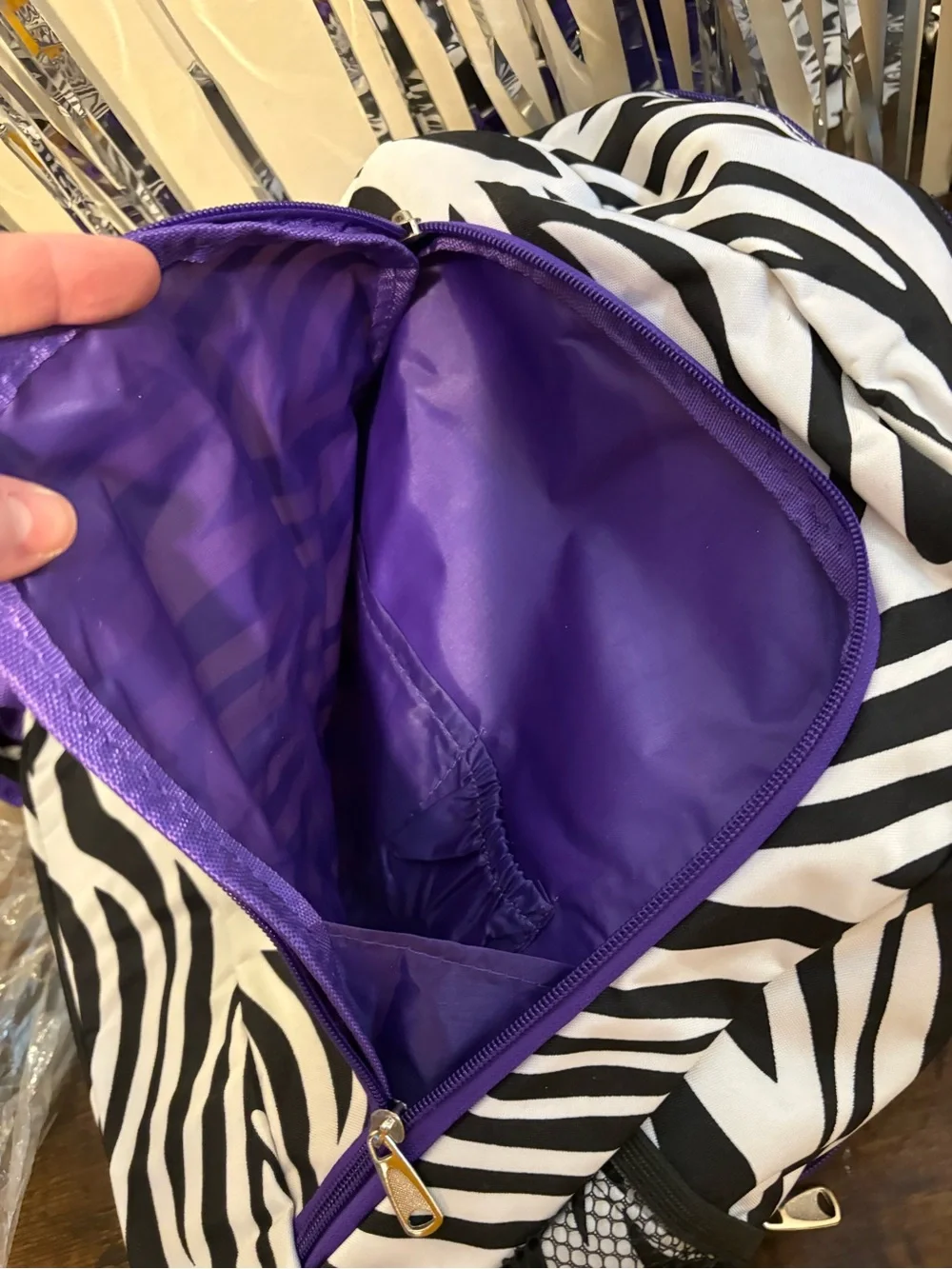 Zebra Print Full-Size Backpack & Crossbody Set with Purple Trim